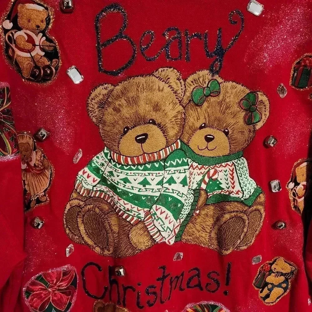 1 of a Kind Custom Handmade Ugly Christmas Sweater Glitter Bears Women's Plus 3X - Picture 6 of 10